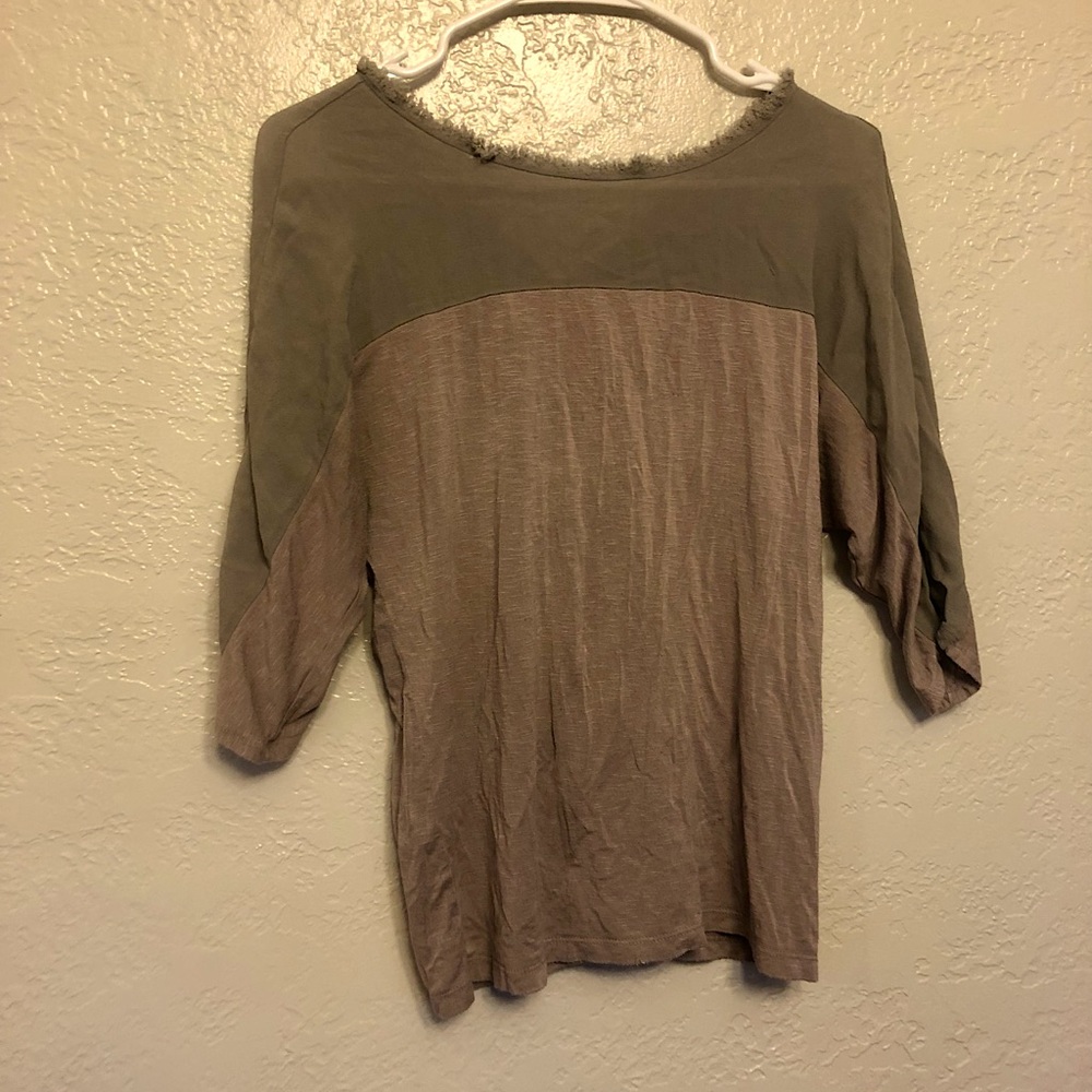 Taupe Dolan three quarter sleeve blouse with sheer top